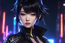 Hot Asian in 8k solo leveling shadow artstyle, silk theme, spider costum, short black hair, dynamic pose, oshare kei, hurufiyya, rtx , neon lights, intricate details, highly detailed, high details, detailed portrait, masterpiece,ultra detailed, ultra quality