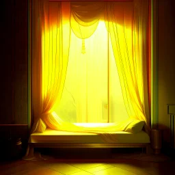 An ethereal asian dreamscape filled with dark golden mist, soft dark yellow light floating through translucent curtains, a peaceful intimate space, abstract shapes of a bed and window barely visible, surreal atmosphere, inspired by quiet romantic dreams, floating fabric, silence and warmth, painterly style, oriental