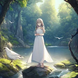 anime girl meditating, rock trees, birds, creek, meditation pose, girl wearing white dress, rear facing,