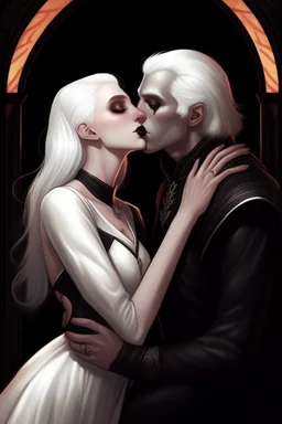 Strahd Von Zarovich being kissed by a beautiful woman with white hair, wearing an off the shoulder dress. Settling and background are a lavish toomb with an ebony coffin.