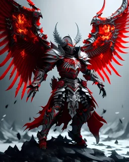 silver and red angel knight, flying over a glacier