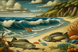 A beach with an ocean filled with fish painted by Thomas Hart Benton