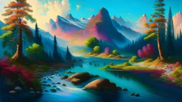 Serene landscape with river running trough mountains, a forest with a lot of vibrant colors, in the style of bob ross, thomas kadinskade and albert bierstadt. Peacefull and calming, intricate details, vibrant.