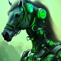 A beautiful portrait of a cyborg horse green color scheme, high key lighting, volumetric light high details psychedelic background