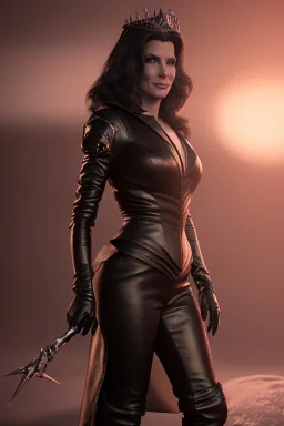 Sandra Bullock as evil queen in black leather gown, angry, busty, curvey, cleavage, unreal 5, octane render,cinema4d, dynamic lighting, dramatic lighting, 4k, redshift render, highly detailed, hyper realistic