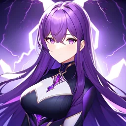 girl, masterpiece, best quality, volumetric lighting, detailed outfit, perfect eyes, purple hair, purple eyes, long hair, lightning magic,