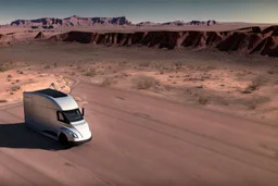A Tesla 'Semi' (semi truck) is parked, in the Mojave Desert. (CINEMATIC, WIDE ANGLE LENS, PHOTO REAL)