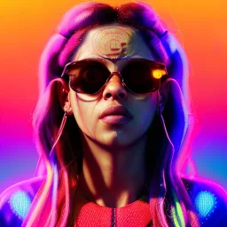 Shakira, artist, 30 years old, Realistic image, waist up portrait, etro style dress. Gucci sunglasses. Blonde, loose long hair, eyes make up, perfect, glow, circle iris. Neon colors, leds, geometric shapes. Dark background, neon lights. Cyberpunk, concept art, smooth, unreal engine 5, god lights, ray tracing, RTX, lumen lighting, ultra detail, volumetric lighting, 3d, finely drawn, high definition, 4k.