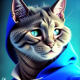 sad cat wearing a blue hoodie, studioportrait, dramatic lighting