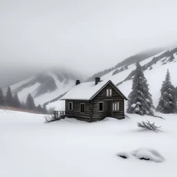 a cabin in a blizzard with a snowy mountain in the background
