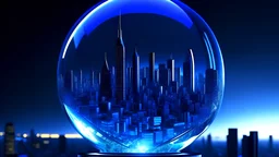 A swirling blue steel galaxy radiates outward, igniting a small cityscape encased in a shimmering glass sphere, photo, 3d render, cinematic