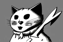 Cat diabolical smiling with a bloody knife with blood. Comic style