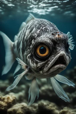 Underwater, closeup fish with creepy eyes, fullbody, his skin translucent revealing a network of black veins that extended like roots, ragged clothes, , 8k,macro photography,