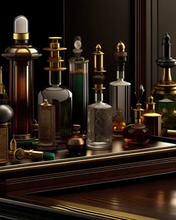 generate me an aesthetic complete image of Perfume Bottles with Antique Telescope