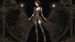 full length, steampunk delicate metal woman, lacewings, black background