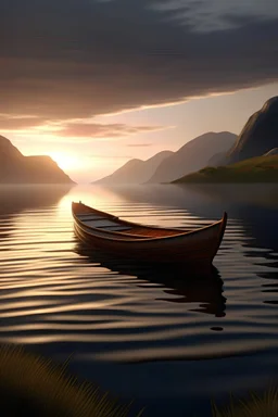 a rowboat that is out on a fjord at dawn, realistic