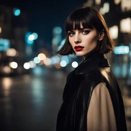 very beautiful stylish French model, girl 25 years old, with short dark hair, with a fashionable haircut with bangs, looking to the side, against the backdrop of a dark city street illuminated by the moon, stylish photo, fashion photo, in the style of Mario Testino