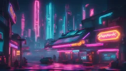 cityscape of Cyberpunk 2077, city center with shop and restaurant neon light