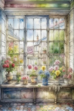 Shabby chic window with flowerpots and bouquets filled with beautiful flowers.full sunlight, stormy clouds, bird, watercolour and ink, stained glass Modifiers: elegant intricate beautiful fantastic view crisp quality colourful Jean-Baptiste Monge pastel colors full view