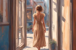 a girl in a beige dress is visible from the window on the street, bright colors, very detailed, fine rendering, high detail, high resolution, 8K