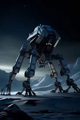 I want an image of a eight legged mechanical walker mech scaling the side of mout everest at night, it has a smooth surface, it has storage pods on its belly human can fit in the pods