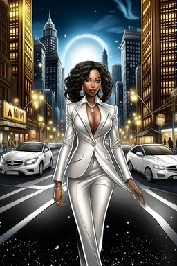 Create a digital airbrush cartoon of a curvy African American female wearing a white business suit with white heels. Prominent make up with hazel eyes. Highly detailed very long extremely curly black hair. She is wearing silver and diamond Jewely that shines of the lights. Her skin is smooth and silky. Background of a busy city street