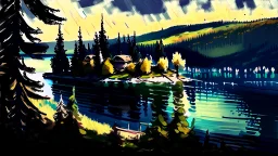 Couer D Alene lake drawn in rpg painterly art style