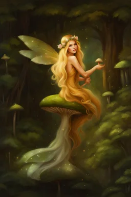 Fairy Princess, long blonde hair,long golden hair, Fairy crown ,fairy, fairy wings, flower crown,mushroom,sparkle,,Lilly of the valleys