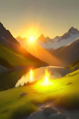 Water, air, little light fire on earth, Real swiss mountain landscape, Joy happiness, hyper real, sunrise, star