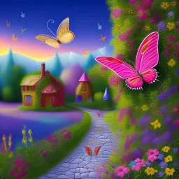 fairies, elves and butterflies, blue, purple, pink and gold landscape background