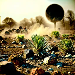 A striking quality Kodak photograph captures a wasteland with groups of plants, creepy, details of the dust very accentuated, glossy organic mass, adorned with minerals and rocks, eerie, black sun, fog, colors