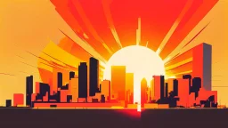 minimal design,shapes, synthwave, synthwave sun, synthwave city, simple,iconic:1.8), Explosion of color in city, comic style