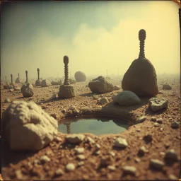 A striking quality close-up polaroid photograph captures a surreal wasteland with odd stones, pond, odd spindle-shaped objects, spooky, creepy, details of the dust very accentuated, glossy, organic, adorned with minerals and rocks, fog. Bathed in feeble light, eerie, James Ensor style, black sun, fog, volumetric light, octane render