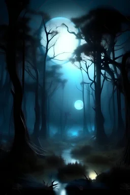 hyper realistic surrealist mystical forest bathed in moonlight, populated by abstract silhouettes