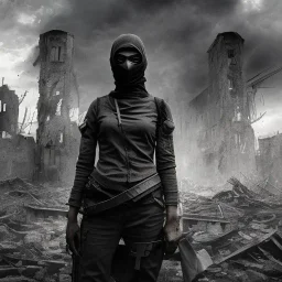 women, faces covered in black masks, ragged clothes, holding flag, war-torn, destroyed city in the background, 8k resolution, hyperrealistic, detailed matte painting, b&w, dynamic lighting, war, anarchy, terrorists