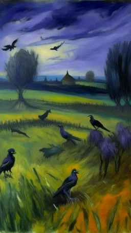 A dark grayish purple haunted field with crows and a scarecrow painted by Paul Cezanne