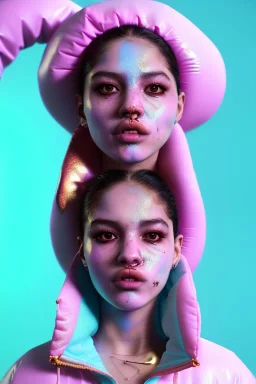 Ultra Realistic image, Rosalía artist, portrait, waist up portrait, long black eye line, sweet face, inflatable hoodie, gold pink and blue style, spray glow make up, rings piercing nose, led ornament, fog, hot, inflatable style bubble latex coat, vibrant color, highly detailed, art stations, concept art, smooth, unreal engine 5, god rays, ray tracing, RTX, lumen lighting, ultra detail, volumetric lighting, 3d, finely drawn, high definition, high resolution.