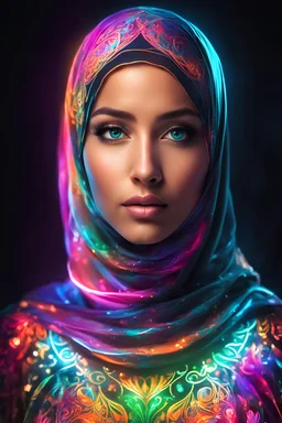 Photo half body, Beautiful woman with hijab dress art neons glowing bright light in the dark and colorful details