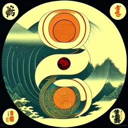 Ukiyo-e styled art, yin and yang sign, mountains and sun