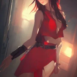 Insane pretty young woman short red dressed. by wlop, ilya kuvshinov, krenz cushart, greg rutkowski, pixiv, sarah j. maas book cover style magician at the end of a corridor, smooth, sharp focus, d & d style, artstation, 4 k, hdr