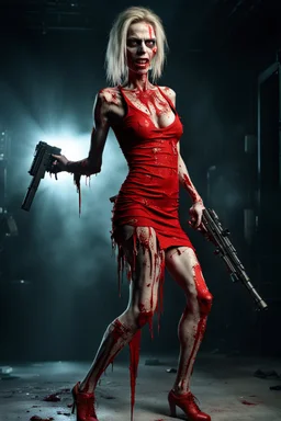 12k ultra-high-definition rendering of a zombie model in a photo studio ,The zombie, adorned in a red ripped tight dress, ripped sideways from top to bottom, long slit, shoes are fashionable platforms, big gun on side thigh, exudes a sinister aura under the studio's dark and mysterious lighting