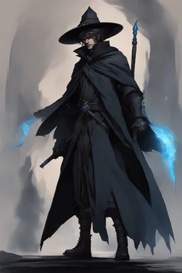 The commander wears a black cloak and a long coat with long combat boots and a long spear with a hat under his cloak with blue flame eyes, a sword like a spear