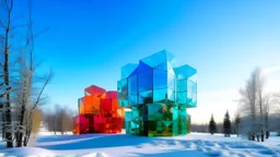 Surreal architectural structure with floating colored glass prisms, in a snowy landscape.