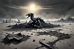 a nuclear wasteland located on a flat plain, covered in gray ash. Fantasy setting. Scattered across the battlefield are remnants of swords, maces, spears, and plate mail. Everyone is dead. skeleton of a dead dragon, half buried in the ash. Ash float in the partially obscuring and dimming the sun, creating a somber and eerie atmosphere.