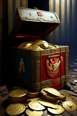 in a LARGE BASEMENT, half-buried in the earth, an ancient, worn-out, worn-out, torn-side valise peeks out, from which gold coins from the time of Catherine the Great fall out. The ancient coat of arms of Russia, the double-headed eagle, is BARELY VISIBLE on the bag. There are a lot of broken bricks and earth around the bag. All in high quality 8K