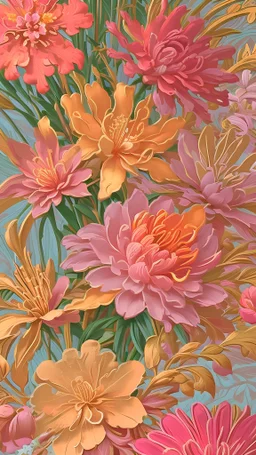 Beautiful vibrant vintage maximalist wallpaper, mid century pastel floral, busy wallpaper, hundreds of huge blooms of flowers. Intricate details, oil painting style. Gold accents, visible brushstrokes. Zoomed out, extremely detailed.