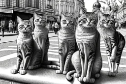 Mature cats are "The Beatles", playing music, street, Vienna, very friendly, sunny day, model style, hyper realistic, extremely accurate, delicate, extremely detailed, Graphic novel style, wide-angle, open aperture, superfine pencil