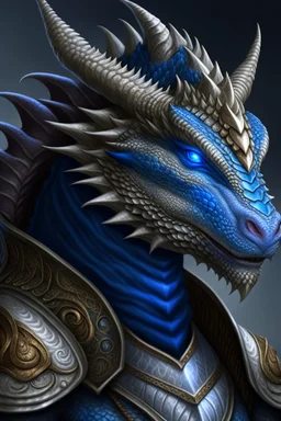 Portrait of a dragonid, malevolent look, blue eyes, salt and pepper hair, wearing and heavy armor