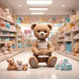 3d imge of teddy sit on table inside th middle of baby shop or baby store