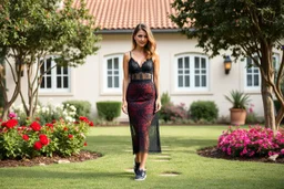 very beautiful lady with beautiful midi dark black-red lace skirt and lace top with curvy hair sports shoes standing in a nice villa yard with trees flowers ,16 by 9